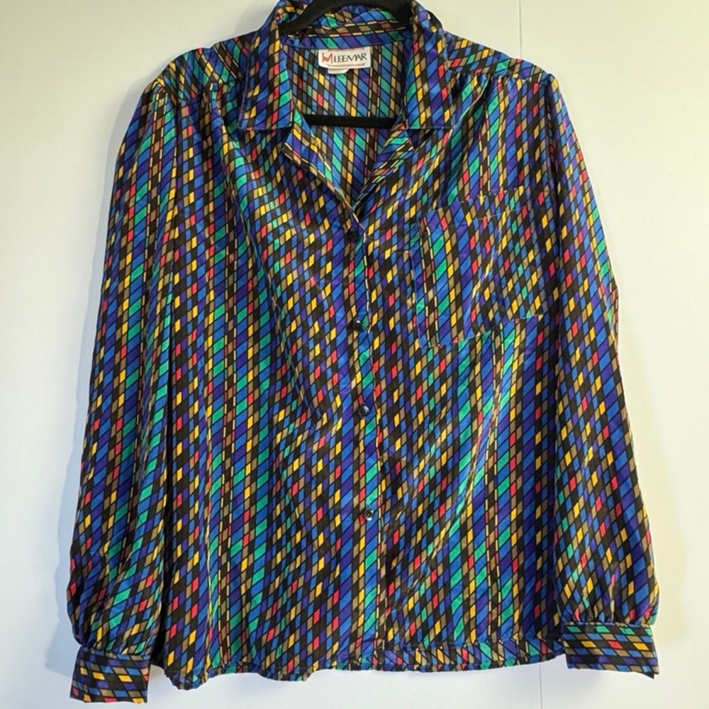 Vintage Lee Mar Womens Multi Color Geometric Diamond Print Blouse Size 16 USA
